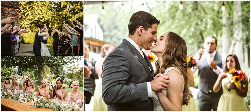 Premier snohomish & seattle wedding photographer | gsquared weddings photography a collage of snohomish wedding scenes guests cheering bridesmaids at a table and a bride and groom sharing a kiss during their first dance surrounded by their wedding party outdoors near seattle | serving snohomish seattle                   & beyond