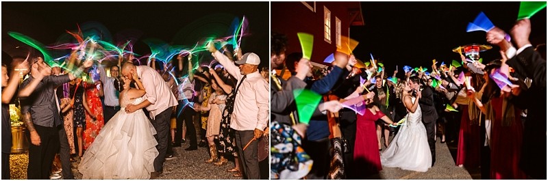 Premier snohomish & seattle wedding photographer | gsquared weddings photography two wedding photos a newlywed couple celebrates at night at a snohomish seattle wedding while guests wave colorful glow sticks creating bright light trails as the couple kisses and laughs surrounded by cheering friends and family | serving snohomish seattle                   & beyond