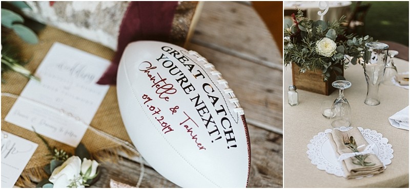 Premier snohomish & seattle wedding photographer | gsquared weddings photography a white football with great catch Youre next Chantelle & tanner 09 07 2019 sits among wedding invitations and flowers Beside it a rustic snohomish wedding table is set with flowers napkins and glasses | serving snohomish seattle                   & beyond
