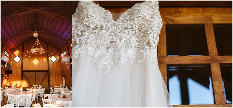 Premier snohomish & seattle wedding photographer | gsquared weddings photography split image left side shows a rustic snohomish barn wedding venue with wooden beams chandeliers and decorated tables right side is a close up of a lace wedding dress bodice hanging on a wooden door perfect for your seattle engagement story | serving snohomish seattle                   & beyond