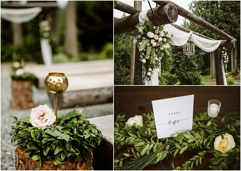 Premier snohomish & seattle wedding photographer | gsquared weddings photography collage featuring outdoor wedding decor a gold candleholder with a pink rose a wooden arch with white fabric and flowers and a table one sign surrounded by greenery and cream rosesperfect for a snohomish seattle wedding or engagement | serving snohomish seattle                   & beyond