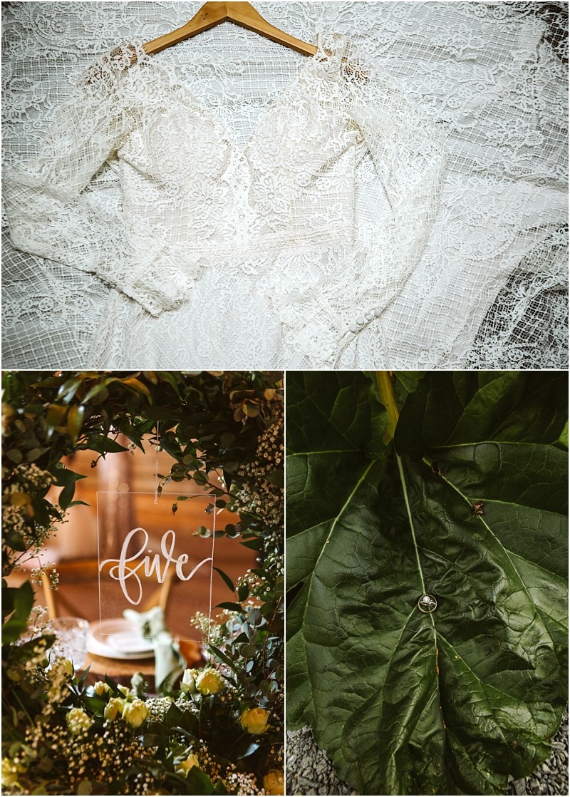 Premier snohomish & seattle wedding photographer | gsquared weddings photography a collage featuring a lace wedding dress on a hanger a close up of a wedding ring on a green leaf and an elegant table setting with greenery and a five signperfect inspiration for your snohomish or seattle wedding engagement | serving snohomish seattle                   & beyond