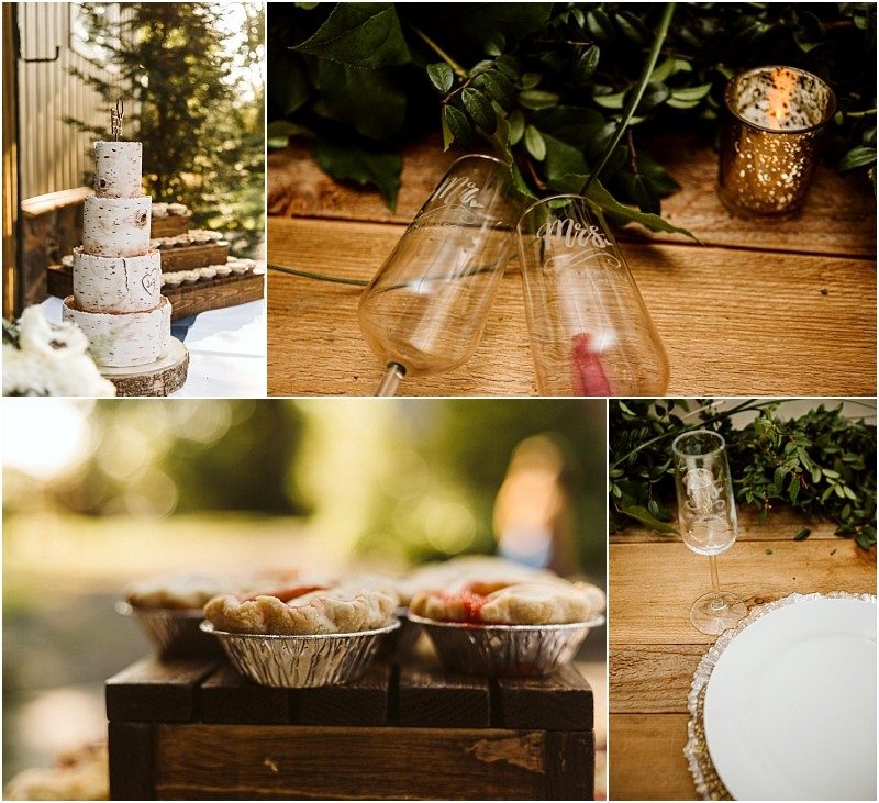 Premier snohomish & seattle wedding photographer | gsquared weddings photography a collage of rustic wedding details a tiered naked cake on wooden stands two engraved wine glasses small pies in foil tins and elegant table settingsperfect inspiration for a snohomish or seattle wedding or engagement celebration | serving snohomish seattle                   & beyond