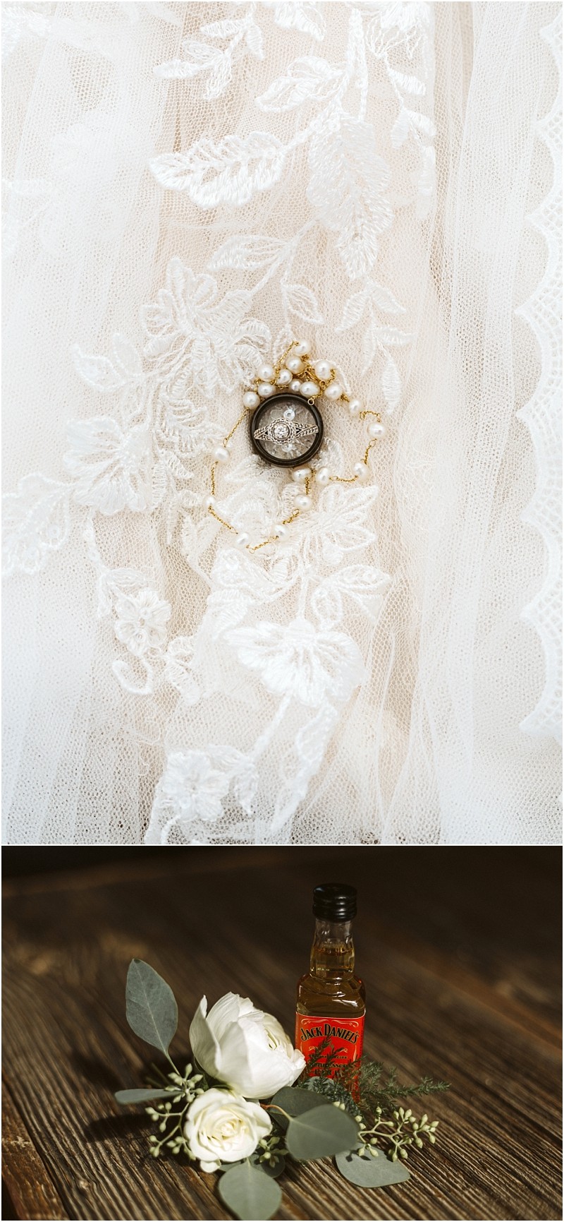 Premier snohomish & seattle wedding photographer | gsquared weddings photography close up of wedding rings and small white flowers on lace fabric perfect for a snohomish or seattle wedding and a second image of a mini whiskey bottle with white roses and greenery on a wooden surface | serving snohomish seattle                   & beyond