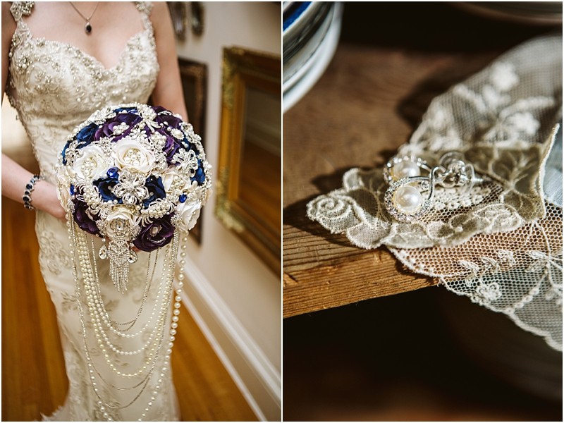 Premier snohomish & seattle wedding photographer | gsquared weddings photography left bride in an ornate dress holding a bouquet of white and purple fabric flowers adorned with pearls and jewelsperfect for a snohomish seattle wedding Right pearl earrings and lace fabric resting on a wooden surface | serving snohomish seattle                   & beyond