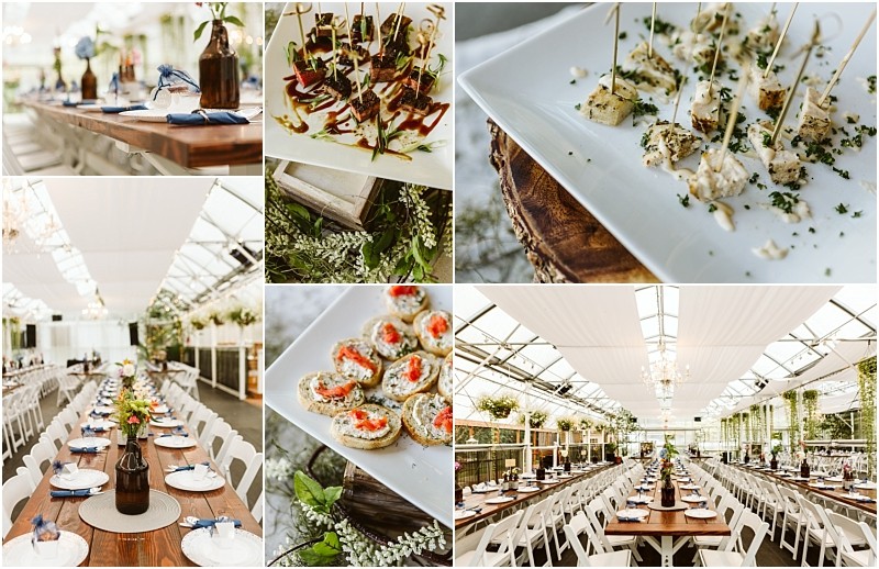 Premier snohomish & seattle wedding photographer | gsquared weddings photography collage of elegant snohomish and seattle wedding table setups with rustic centerpieces and plates plus close ups of appetizers on skewers and bite sized hors doeuvres all in a bright venue filled with natural light and greeneryperfect for an engagement | serving snohomish seattle                   & beyond