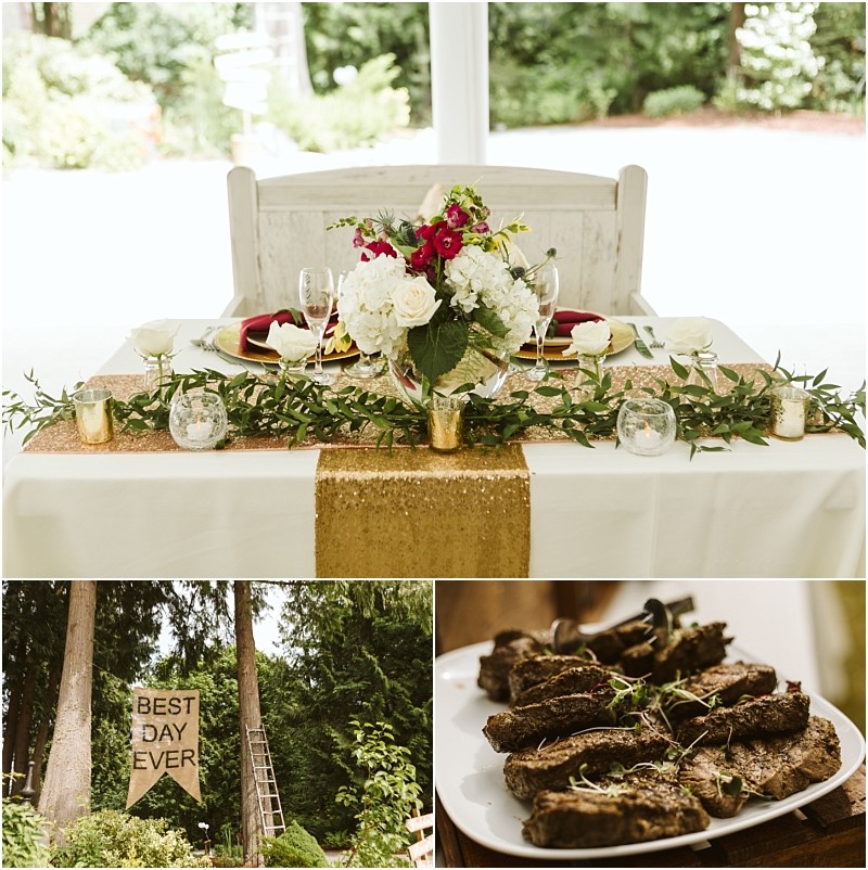 Premier snohomish & seattle wedding photographer | gsquared weddings photography a decorated snohomish wedding table with flowers candles and gold accents a best day ever banner hung between trees and a plate of grilled meat garnished with herbsperfect for a seattle engagement celebration | serving snohomish seattle                   & beyond