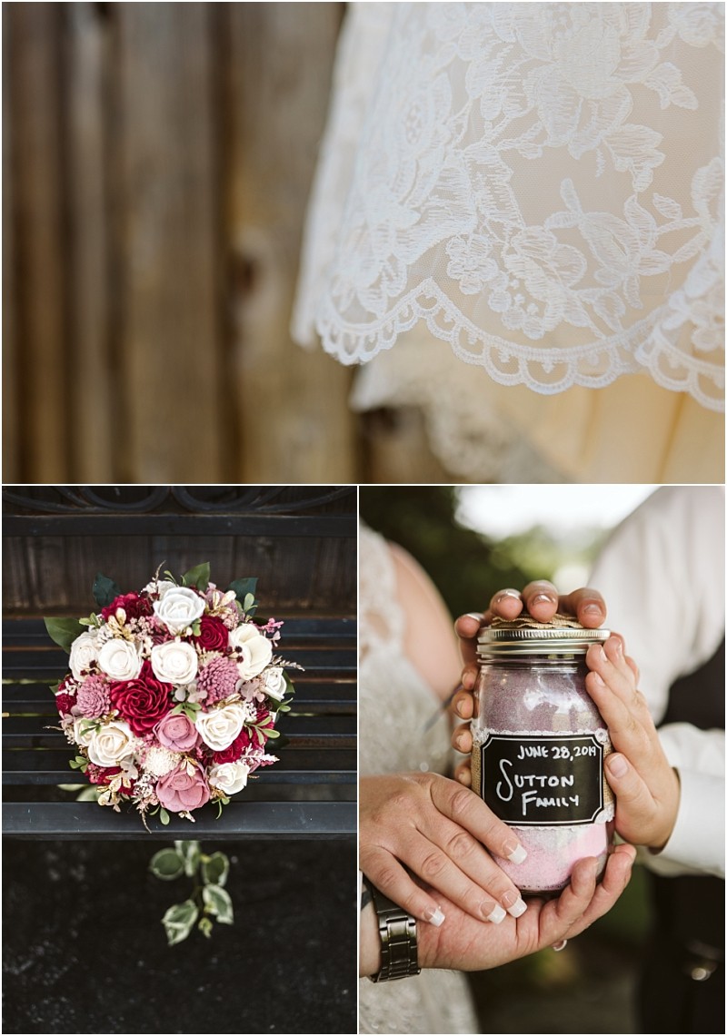 Premier snohomish & seattle wedding photographer | gsquared weddings photography a collage showing lace detail on a white wedding dress a bouquet of white pink and red flowers and two hands holding a mason jar labeled june 28 2014 sutton familya charming glimpse of a snohomish seattle wedding engagement | serving snohomish seattle                   & beyond