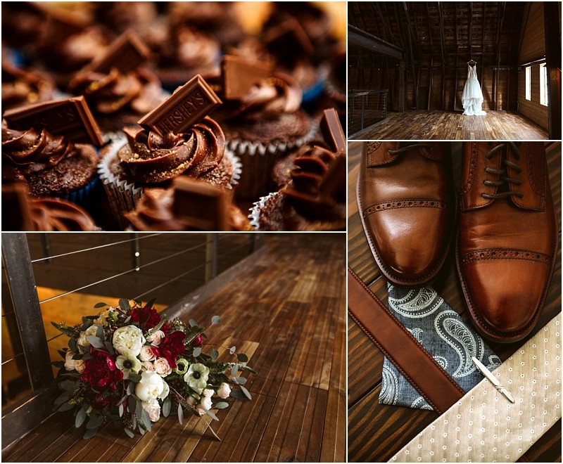 Premier snohomish & seattle wedding photographer | gsquared weddings photography a collage shows chocolate cupcakes with hersheys pieces a bride in a rustic wooden venue near snohomish brown leather shoes with a paisley tie and belt a bouquet of red and white flowers and close up wooden flooringperfect for a seattle wedding | serving snohomish seattle                   & beyond