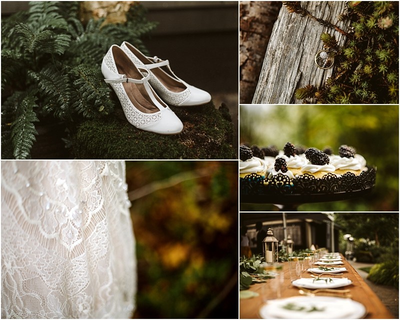 Premier snohomish & seattle wedding photographer | gsquared weddings photography a collage featuring white wedding shoes a ring on mossy wood a berry topped cake a lace dress and a rustic outdoor table set for a mealperfect inspiration for a snohomish seattle wedding engagement surrounded by greenery and natural elements | serving snohomish seattle                   & beyond