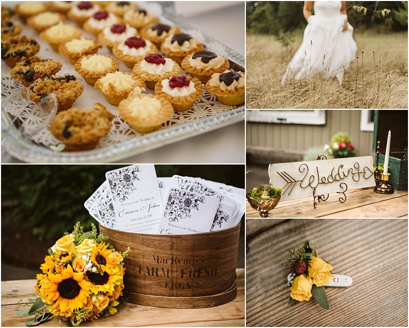 Premier snohomish & seattle wedding photographer | gsquared weddings photography a collage of snohomish wedding details assorted pastries a bride walking in a field a welcome sign sunflower bouquet with programs in a rustic box and a yellow rose boutonniere on a wooden surface | serving snohomish seattle                   & beyond