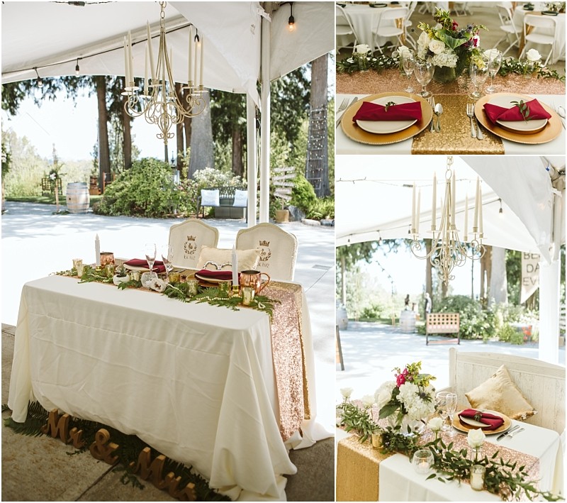 Premier snohomish & seattle wedding photographer | gsquared weddings photography elegant outdoor wedding reception setup in snohomish near seattle featuring a sweetheart table with gold accents white and gold chairs mr & mrs sign chandelier and settings with burgundy napkins and floral centerpieces | serving snohomish seattle                   & beyond