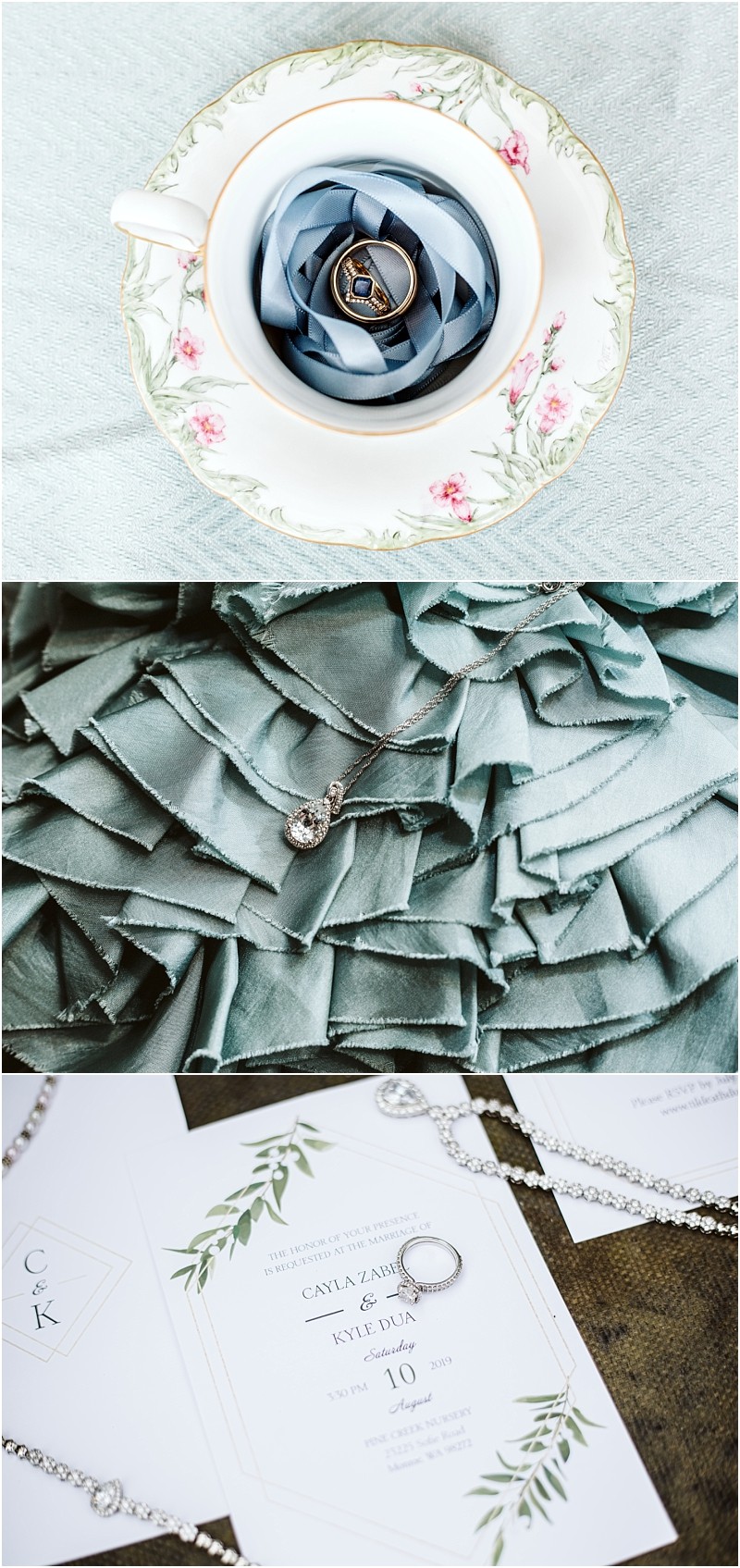 Premier snohomish & seattle wedding photographer | gsquared weddings photography a collage of three images a snohomish bridal ring set in a floral teacup with blue ribbon a diamond earring on pale blue ruffled fabric and elegant seattle wedding jewelry arranged on top of wedding invitations | serving snohomish seattle                   & beyond