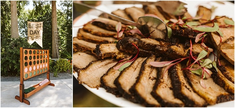 Premier snohomish & seattle wedding photographer | gsquared weddings photography a collage showing a large connect four game outdoors next to a best day ever banner at a snohomish seattle wedding and a close up of sliced grilled meat garnished with microgreens on a white plate with a serving utensil | serving snohomish seattle                   & beyond