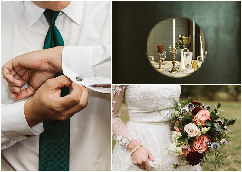 Premier snohomish & seattle wedding photographer | gsquared weddings photography a collage with three photos a man fastening cufflinks on his white shirt a table set with candles and glassware seen through a small round window and a bride holding a bouquetcapturing timeless snohomish and seattle wedding moments | serving snohomish seattle                   & beyond
