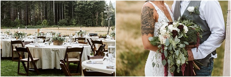 Premier snohomish & seattle wedding photographer | gsquared weddings photography left outdoor snohomish wedding reception setup with round tables white tablecloths and wooden chairs on grass Right bride holding a large bouquet stands next to groom only their torsos are visibleperfect seattle wedding inspiration | serving snohomish seattle                   & beyond