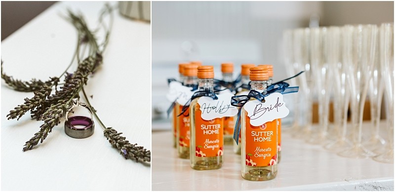 Premier snohomish & seattle wedding photographer | gsquared weddings photography a close up of lavender sprigs with a purple pendant next to mini moscato sangria bottles labeled bride and holly with champagne flutes in the backgroundperfect for a snohomish seattle wedding or engagement celebration | serving snohomish seattle                   & beyond