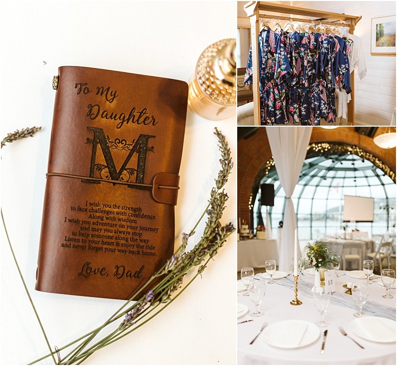 Premier snohomish & seattle wedding photographer | gsquared weddings photography a leather journal inscribed to my daughter floral robes hanging on a rack and a wedding table set with plates glasses and a floral centerpiece under a dome ceiling at a beautiful snohomish seattle wedding | serving snohomish seattle                   & beyond
