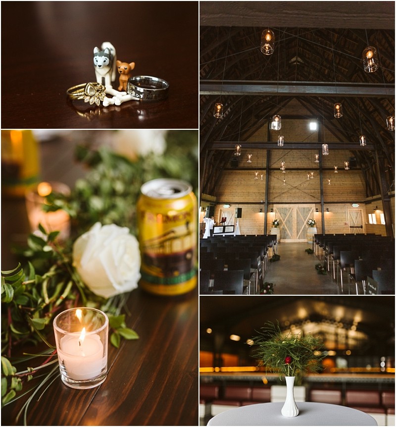 Premier snohomish & seattle wedding photographer | gsquared weddings photography a collage of wedding details rings with dog figurines a rustic snohomish barn venue set for a ceremony a white rose and beer can a candle and greenery in a white vase on a table | serving snohomish seattle                   & beyond