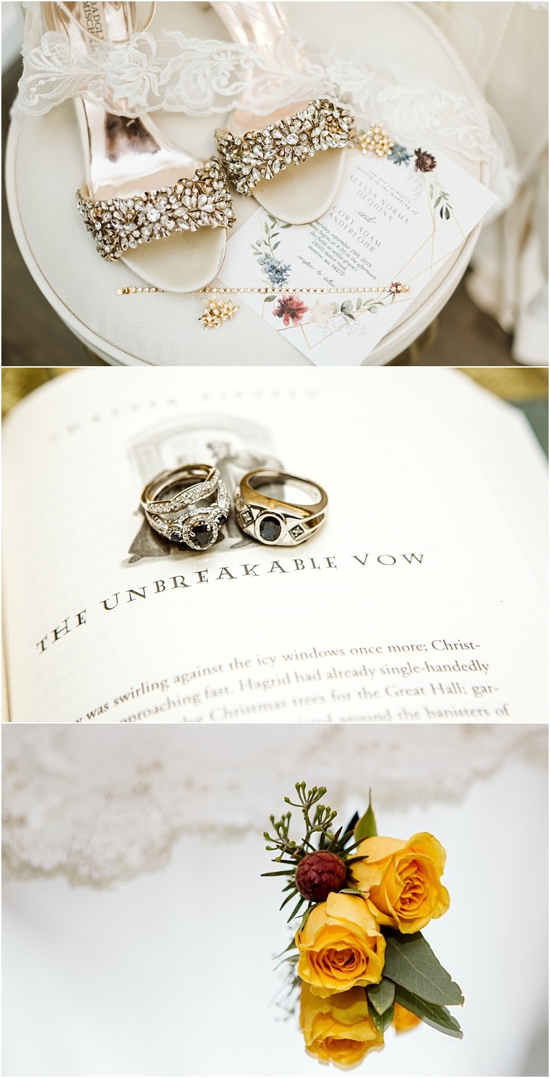 Premier snohomish & seattle wedding photographer | gsquared weddings photography three wedding themed photos jeweled accessories and an invitation on lace two rings on a book open to the unbreakable vow and a small bouquet with yellow rosesperfect inspiration for your snohomish seattle wedding or engagement | serving snohomish seattle                   & beyond