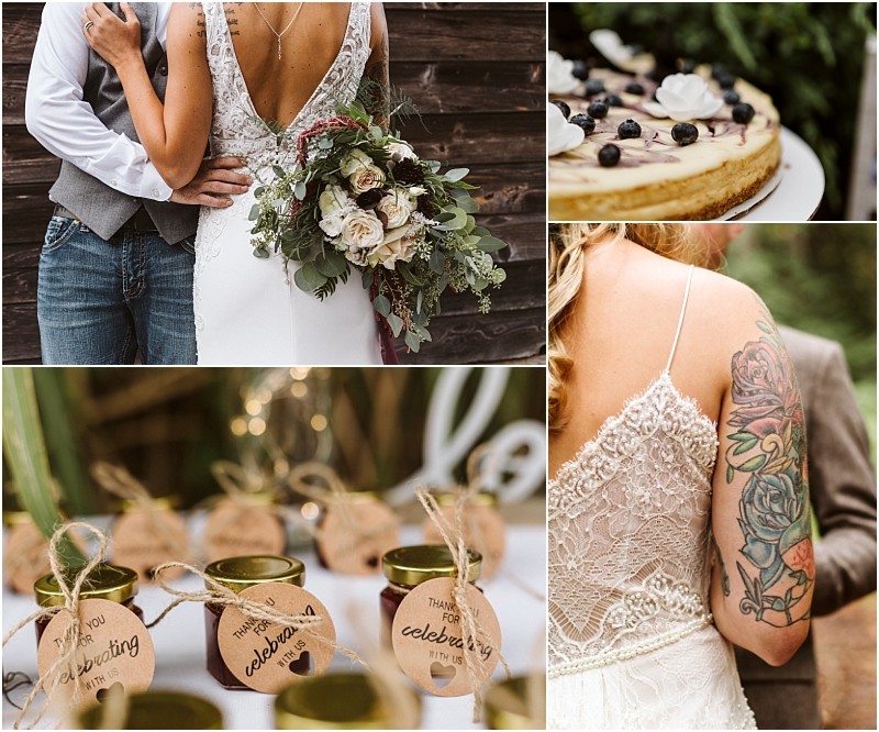 Premier snohomish & seattle wedding photographer | gsquared weddings photography collage of rustic snohomish wedding scenes a bride in a lace dress holding a bouquet berry topped cake the brides floral tattoo and small favor jars with thank you for celebrating with us tags | serving snohomish seattle                   & beyond