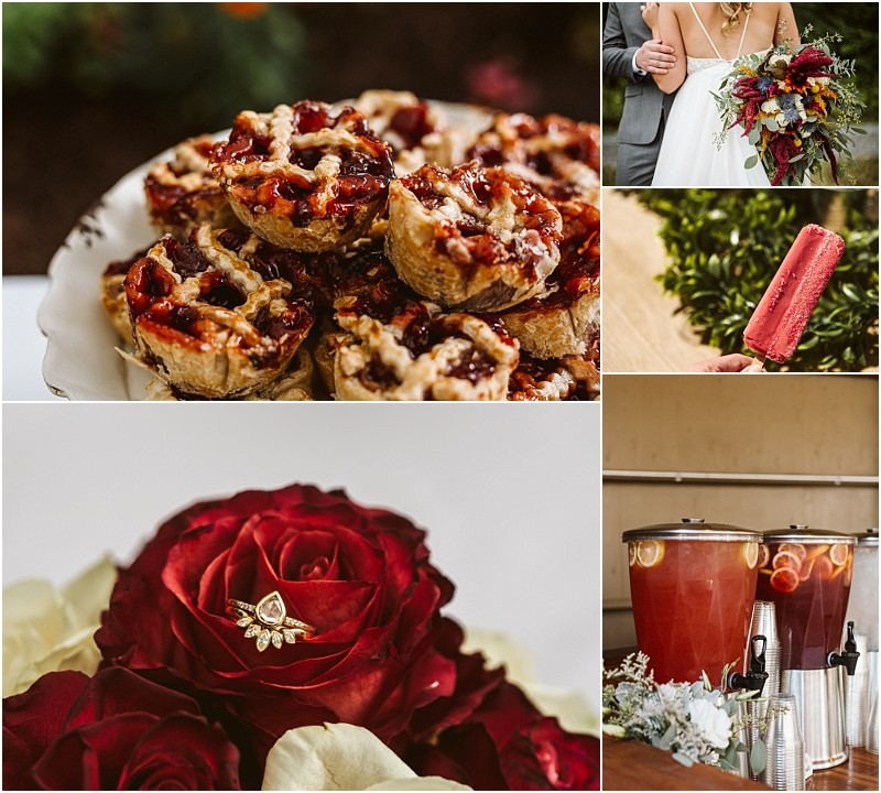 Premier snohomish & seattle wedding photographer | gsquared weddings photography a collage featuring mini lattice pies a bride holding a bouquet a hand with a red popsicle dispensers with pink drinks and a diamond ring on a red roseperfect inspiration for your snohomish or seattle wedding engagement | serving snohomish seattle                   & beyond