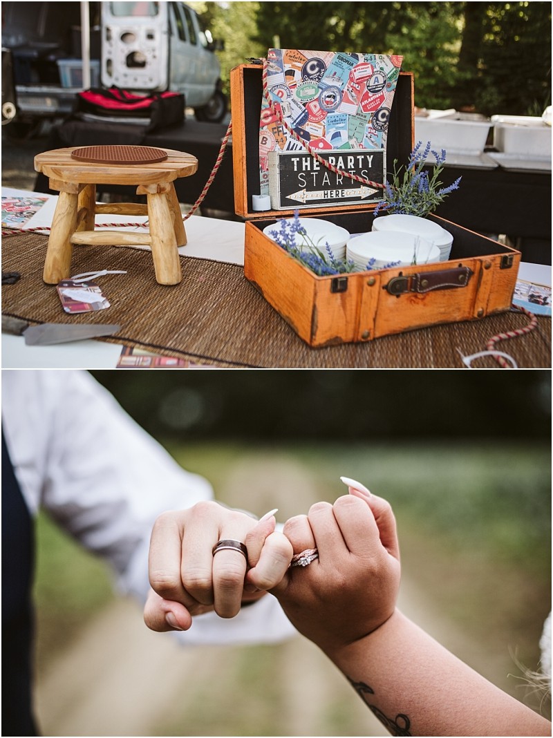 Premier snohomish & seattle wedding photographer | gsquared weddings photography top a rustic suitcase open on a table with party decorations lavender sprigs and a sign reading the party starts at a snohomish seattle wedding Bottom two people linking pinky fingers showing off their engagement rings outdoors | serving snohomish seattle                   & beyond