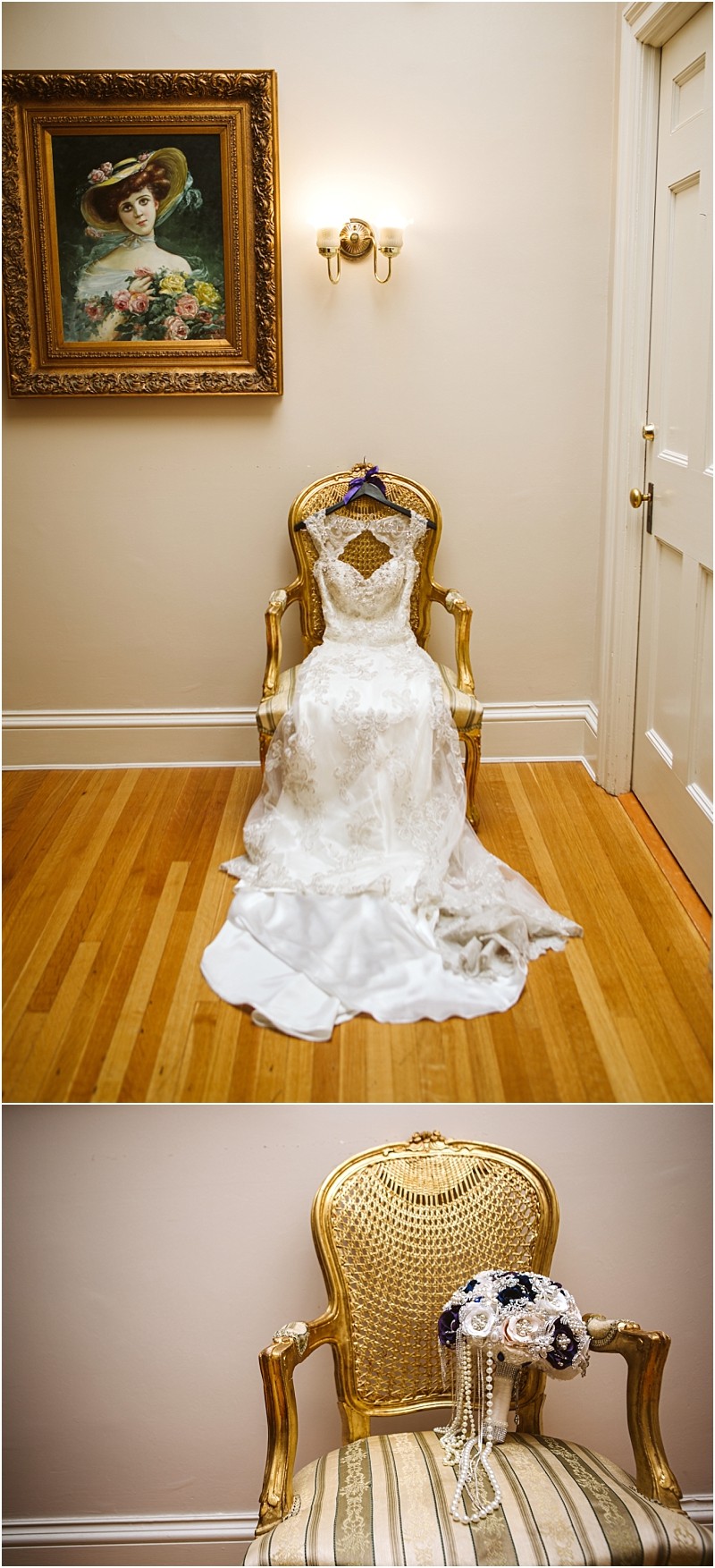 Premier snohomish & seattle wedding photographer | gsquared weddings photography a vintage lace wedding dress is draped over a gold and cream chair beneath a framed painting with a jeweled bridal bouquet resting on the seatcapturing timeless snohomish seattle wedding elegance | serving snohomish seattle                   & beyond