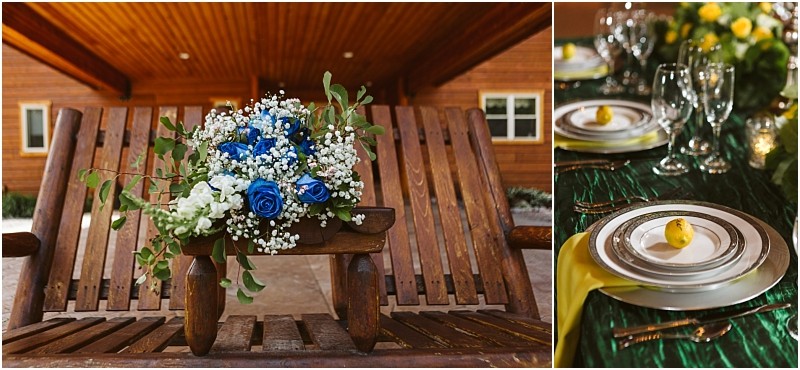 Premier snohomish & seattle wedding photographer | gsquared weddings photography a wooden bench holds a bouquet of blue and white flowers Next to it an elegant table is set with plates glasses yellow napkins and small yellow fruitsperfect inspiration for a snohomish seattle wedding or engagement celebration | serving snohomish seattle                   & beyond