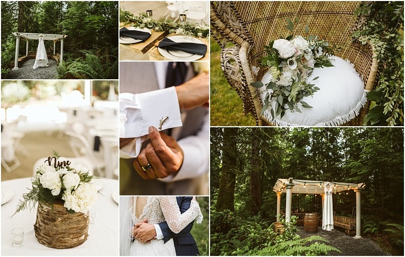 Premier snohomish & seattle wedding photographer | gsquared weddings photography a collage of rustic snohomish wedding details featuring a wooden arbor in a forest a cake with flowers and a nine topper table settings a peacock chair with florals cufflinks and a couple embracing | serving snohomish seattle                   & beyond