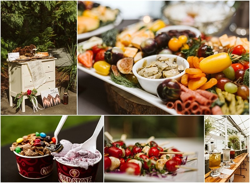 Premier snohomish & seattle wedding photographer | gsquared weddings photography a collage captures a snohomish seattle wedding engagement with a cheese and fruit platter mediterranean appetizers cold stone ice cream a garden drink station and a rustic table with mapsall set at an inviting outdoor event | serving snohomish seattle                   & beyond
