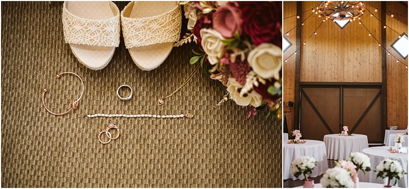 Premier snohomish & seattle wedding photographer | gsquared weddings photography left lace wedding shoes jewelry and bouquet arranged on a carpet Right a rustic snohomish wedding venue near seattle features wooden walls round tables with white cloths and a floral centerpiece under a decorative chandelier | serving snohomish seattle                   & beyond
