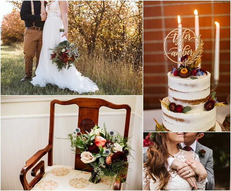 Premier snohomish & seattle wedding photographer | gsquared weddings photography a collage of autumn snohomish wedding scenes a bride and groom outdoors a rustic wedding cake with candles a bouquet on a wooden chair and an intimate seattle engagement embrace in the golden sunlight | serving snohomish seattle                   & beyond
