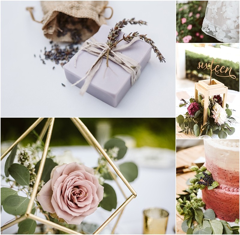 Premier snohomish & seattle wedding photographer | gsquared weddings photography a collage featuring a lavender wrapped gift with twine and dried lavender floral arrangements with roses and greenery geometric gold decor and a tiered pink cake adorned with flowersperfect inspiration for a snohomish seattle wedding or engagement | serving snohomish seattle                   & beyond