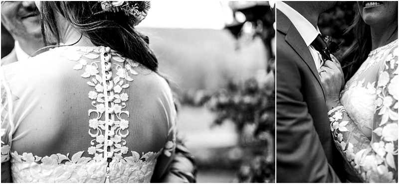 Premier snohomish & seattle wedding photographer | gsquared weddings photography a black and white photo collage captures intimate moments and small gestures of a couple on their snohomish seattle wedding day focusing on the brides lace dress with floral details and the groom in a suit | serving snohomish seattle                   & beyond