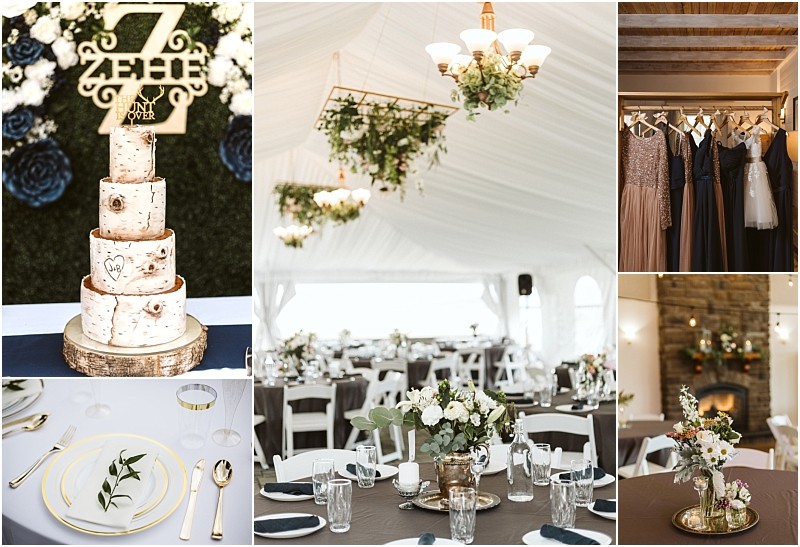 Premier snohomish & seattle wedding photographer | gsquared weddings photography a collage of rustic snohomish wedding details a birch style cake floral chandelier set dinner tables with greenery elegant table settings a floral centerpiece and several dresses hanging on a wooden rack Perfect seattle engagement inspiration | serving snohomish seattle                   & beyond