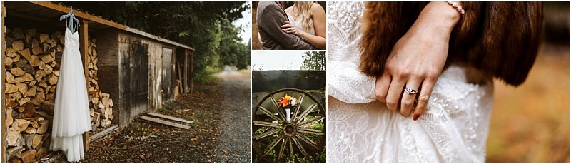 Premier snohomish & seattle wedding photographer | gsquared weddings photography collage bridal dress hangs near stacked firewood couple embracing bouquet on a wagon wheel close up of a brides hand with engagement ring and lace dress holding a fur stolecapturing a rustic snohomish seattle wedding engagement outdoors | serving snohomish seattle                   & beyond