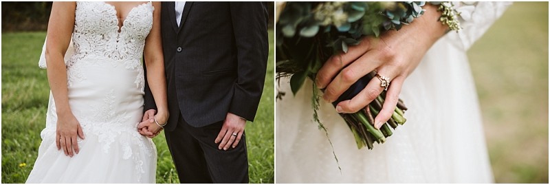 Premier snohomish & seattle wedding photographer | gsquared weddings photography side by side photos on the left a snohomish seattle wedding couple holding hands outdoors both wearing rings on the right a close up of the brides hand holding a bouquet showcasing her engagement and wedding rings | serving snohomish seattle                   & beyond