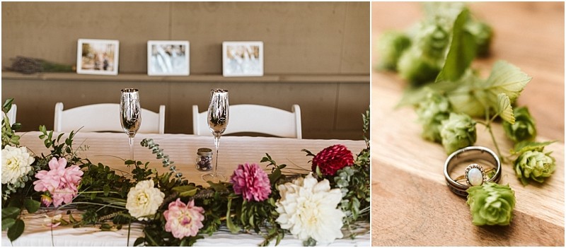 Premier snohomish & seattle wedding photographer | gsquared weddings photography a snohomish wedding table decorated with pink and white flowers greenery and two champagne flutes alongside a close up of wedding rings nestled among green budsa perfect seattle engagement setting | serving snohomish seattle                   & beyond