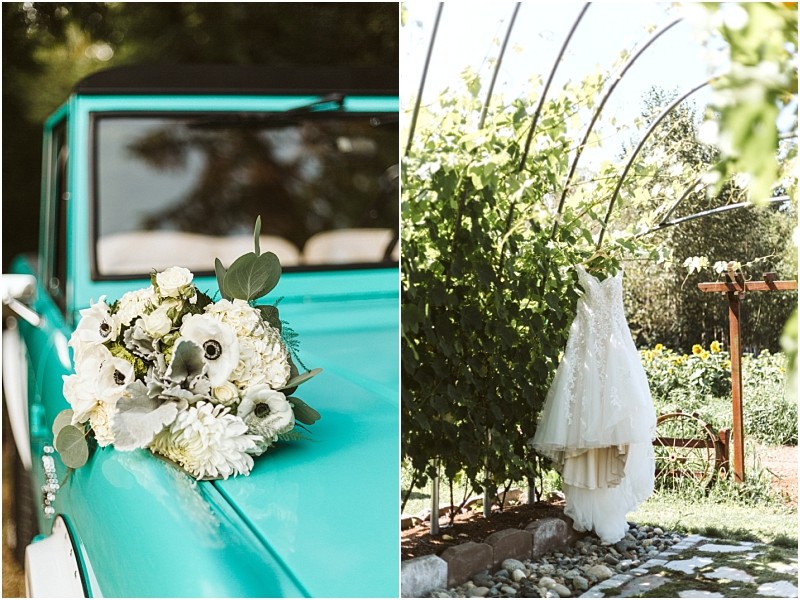 Premier snohomish & seattle wedding photographer | gsquared weddings photography a white bridal bouquet rests on a vintage turquoise car beside it a white wedding dress hangs outdoors on a vine covered arch in a sunny snohomish garden perfect for a seattle wedding or engagement | serving snohomish seattle                   & beyond