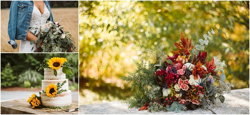 Premier snohomish & seattle wedding photographer | gsquared weddings photography a collage captures a snohomish seattle wedding a bride in a jean jacket with her bouquet a rustic cake topped with sunflowers and a vibrant autumn bouquet of roses berries sunflowers and greenery on stone | serving snohomish seattle                   & beyond