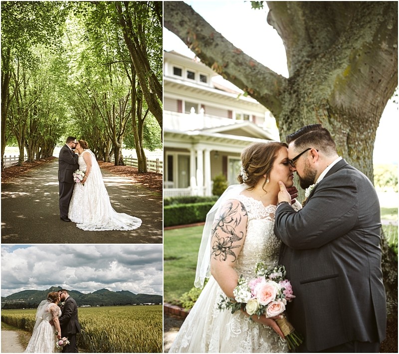 Premier snohomish & seattle wedding photographer | gsquared weddings photography a collage of snohomish wedding photos features a bride and groom embracing under leafy trees touching foreheads beside a tree and sharing a kiss in a field The bride holds a bouquet both look joyful and in love | serving snohomish seattle                   & beyond