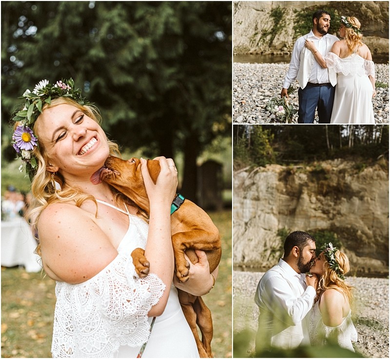 Premier snohomish & seattle wedding photographer | gsquared weddings photography a bride in a white dress and flower crown laughs as she holds and is licked by a dog Next to her two photos show her and the groom embracing and sharing a kiss by rocky cliffs and trees at their snohomish seattle wedding | serving snohomish seattle                   & beyond