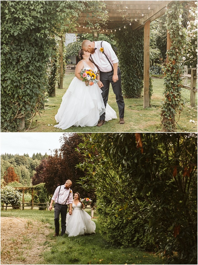 Premier snohomish & seattle wedding photographer | gsquared weddings photography two wedding photos topa groom kisses his brides forehead under a vine covered pergola at their snohomish seattle wedding she holds a bouquet and smiles Bottomthe couple walks hand in hand outside surrounded by lush greenery | serving snohomish seattle                   & beyond