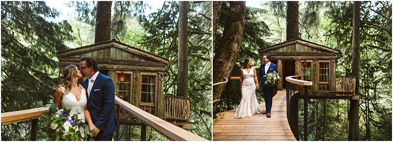 Premier snohomish & seattle wedding photographer | gsquared weddings photography a bride and groom stand and kiss on a wooden walkway in front of a rustic treehouse surrounded by tall trees and lush greenerya perfect snohomish seattle wedding moment | serving snohomish seattle                   & beyond