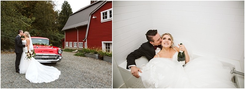 Premier snohomish & seattle wedding photographer | gsquared weddings photography a bride and groom pose by a vintage red car near a snohomish red barn then sit together in a white bathtub the bride holds a champagne bottle smiling as the groom hugs and kisses her cheek during their seattle wedding engagement | serving snohomish seattle                   & beyond