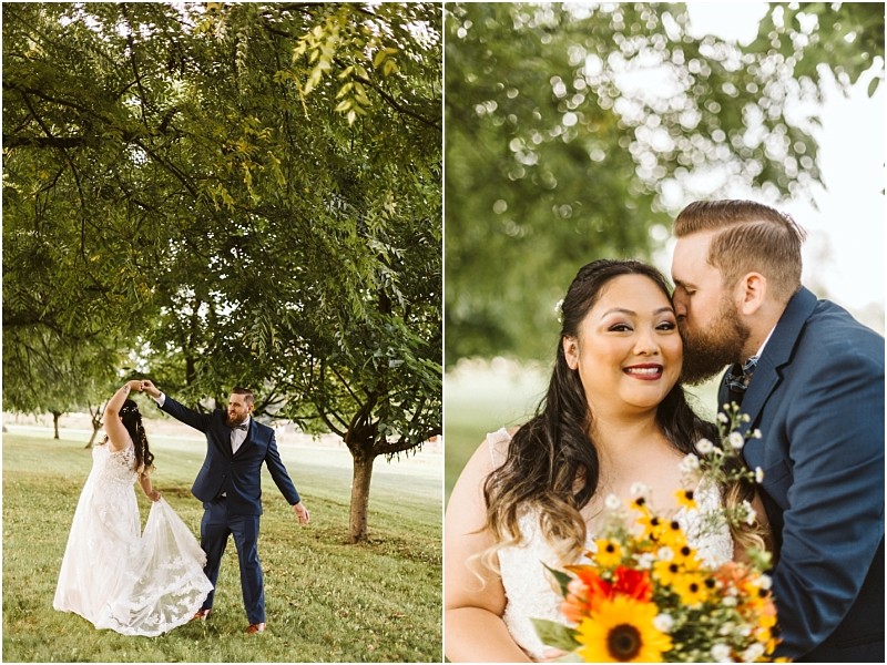 Premier snohomish & seattle wedding photographer | gsquared weddings photography a bride and groom pose outdoors under green trees at their snohomish wedding in one photo they twirl together and in the other the groom kisses the brides forehead as she smiles holding a bouquet with sunflowers | serving snohomish seattle                   & beyond