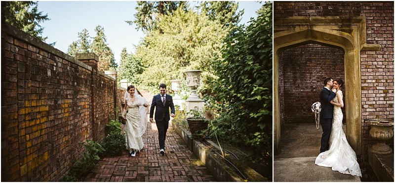 Premier snohomish & seattle wedding photographer | gsquared weddings photography two wedding photos on the left a snohomish bride and groom walk along a brick path in a lush garden on the right they embrace under a brick archway with greenery and sunlight around thema perfect seattle wedding moment | serving snohomish seattle                   & beyond