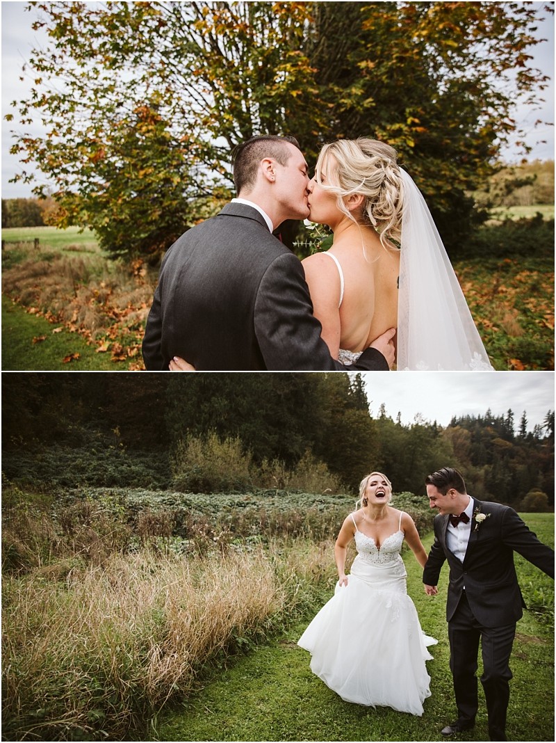 Premier snohomish & seattle wedding photographer | gsquared weddings photography a bride and groom share a kiss outdoors in front of autumn trees in snohomish top In the second photo they laugh and hold hands while walking through a grassy field both looking joyful on their seattle wedding day | serving snohomish seattle                   & beyond