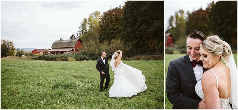Premier snohomish & seattle wedding photographer | gsquared weddings photography a snohomish bride and groom dance in a grassy field with a red barn behind them then embrace and smile on their wedding day Surrounded by trees under a cloudy sky this seattle wedding moment feels magical and intimate | serving snohomish seattle                   & beyond
